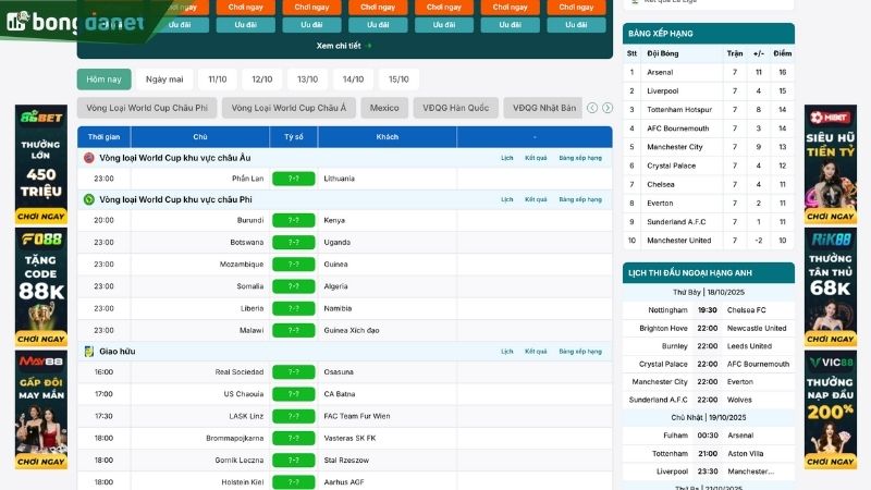 Giao diện trang Lịch Thi Đấu