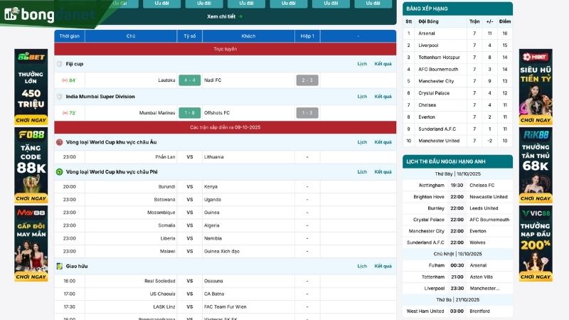 Giao diện trang LiveScore site BongdaNET cải tiến