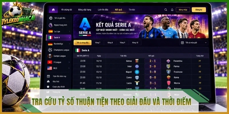 Tra cứu tỷ số thuận tiện theo giải đấu và thời điểm